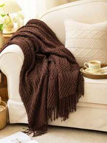 1pc Solid Color Knitted Blanket, Nordic Style Tassel Design Soft Blanket, Office Nap Blanket, Bed Cover, Sofa Throw, Suitable For Daily Use - Bubble Towel Coffee - View 6