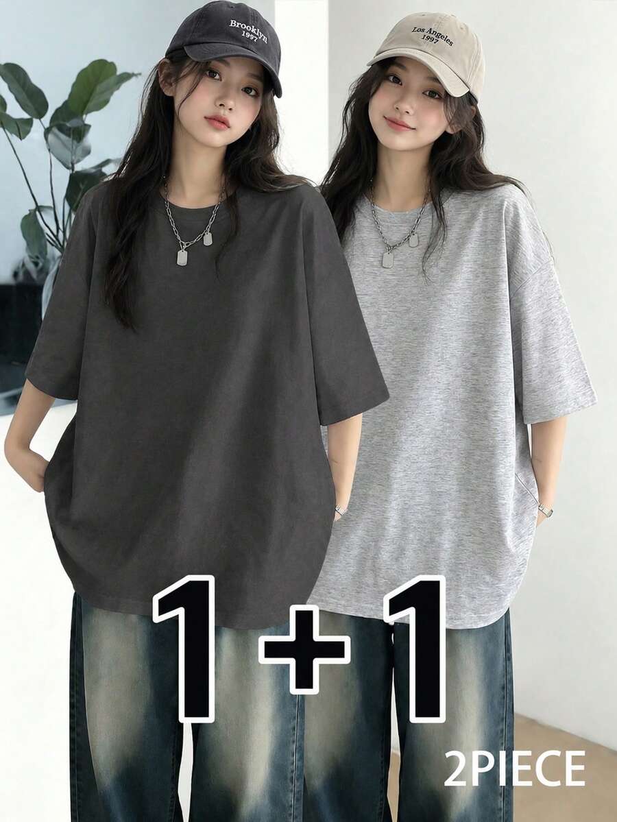 2件/套 女士休闲圆领宽松纯色短袖T恤,日系春夏款 - 深灰+淺花灰 - 查看 1