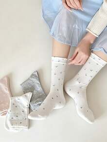 1/5/10 Pairs Women Sweet Heart Bow Plaid Mid-Calf Socks, Korean Style Cute Slouch Socks - Multicolor - View 6