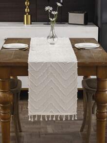 1pc Bohemian Style Beige Jacquard Decorative Table Runner, Linen Fabric With Wavy Pattern And Tassel,Fall Decor,Autumn Decor,Room Decor - Beige - View 1