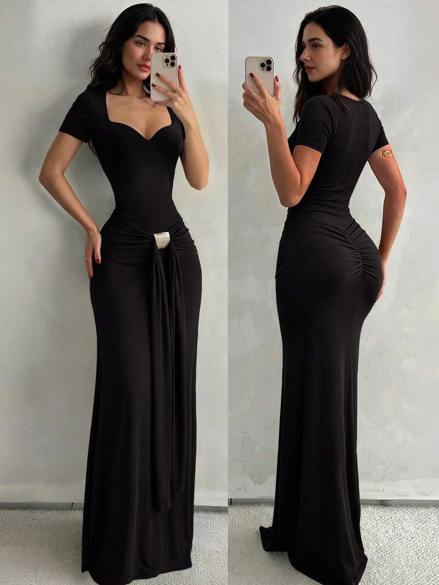 Spring/Summer Solid Color Sweetheart Neckline High Waist Long Dress, Mature Elegant Style Date Party Slim Fit Evening Gown, Dark Coffee Color Women's