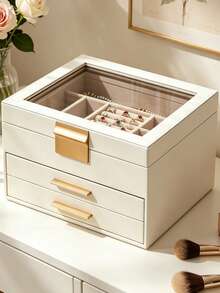 1pc Large Capacity 3-Tier Glass Jewelry Box, Multi-Functional Jewelry Organizer, Mini Jewelry Storage Box, Cosmetic Storage Box, Nail Polish Storage Box - Multicolor - View 2