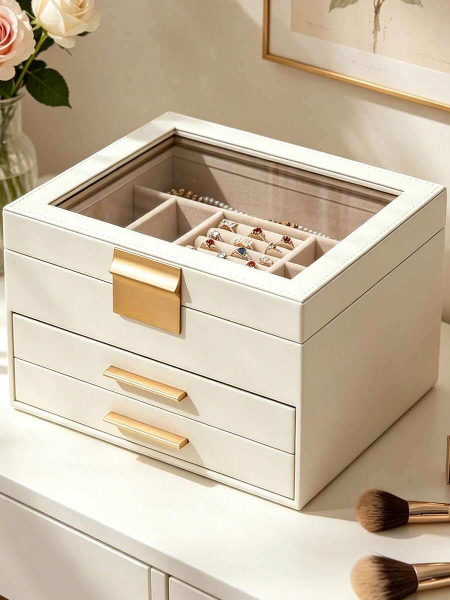 1pc Large Capacity 3-Tier Glass Jewelry Box, Multi-Functional Jewelry Organizer, Mini Jewelry Storage Box, Cosmetic Storage Box, Nail Polish Storage Box