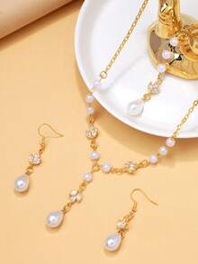 Juego de joyería de 3 piezas con mariposa, pedrería, gota de agua y perla, collar convertible con diseño frontal y posterior + pendientes colgantes, accesorios nupciales para boda - Cristales - Ver 5