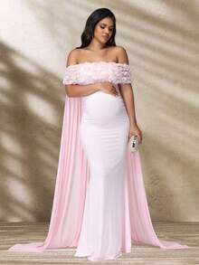JustVH Maternity Floral Off-Shoulder Dress, Suitable For Baby Shower, Mesh Cape-Style Long Dress, Can Be Used As Photography Prop Spring Pink Fall - Pink - View 3