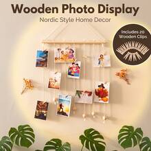 1pc Picture Frames Collage Wall Decor Photo Display Wood Photo Board With 20 Clips Adjustable Cotton Rope For Multi Pictures Organizer Hanging Display Frames Home Dorm Room Decor - A - View 1