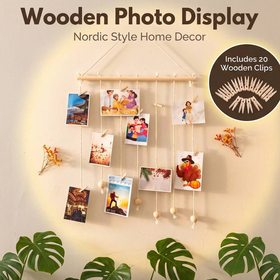 1pc Picture Frames Collage Wall Decor Photo Display Wood Photo Board With 20 Clips Adjustable Cotton Rope For Multi Pictures Organizer Hanging Display Frames Home Dorm Room Decor - A - View 1