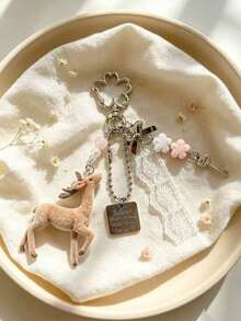 1pc Resin Flocked Deer Keychain Pendant, Decorated With Lace, Pearls And Bows. Sweet Style Backpack Keychain Pendant. Y2K Girl Gift. Suitable For Ages 14 And Up. - Apricot - View 5