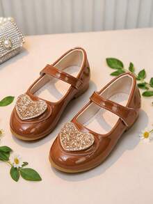 1 Pair Girls Brown Mary Jane Flat Shoes, Suitable For Spring Summer Autumn Winter Seasons, Decorated With Glitter And Heart Elements, Adjustable Hook & Loop Closure, Soft Sole, Princess Style, Suitable For School, Party, Daily Life, Play And Other Occasions - Brown - View 3