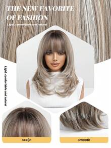 FIVE STARS 16 Inch Gray-Brown Gradient Blonde Layered Shoulder Length Full Bangs Synthetic Fiber Rose Cap, Comfortable Full Head Wear, Suitable For Halloween, Thanksgiving, Christmas, New Year Party, Cosplay, Holiday Costume Accessory - Multicolor - View 3