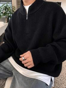Men's Autumn/Winter Fashion Versatile Solid Color Casual Zip-Up Collar Long Sleeve Sweater Suitable For Daily Commute - Black - View 5