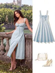 Vestido largo y elegante con tirantes finos, ajustado y con abertura, apropiado para verano/primavera - Celeste - Ver 1