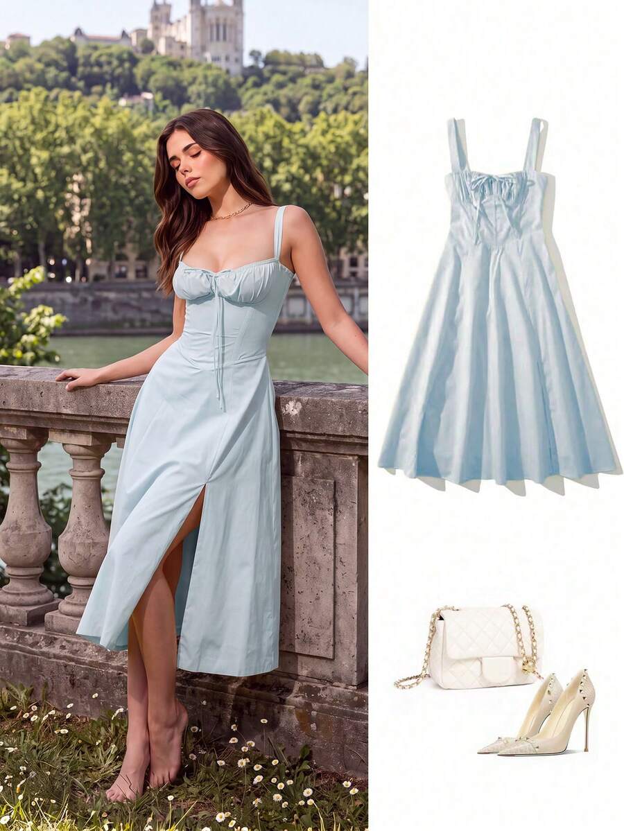 Vestido largo y elegante con tirantes finos, ajustado y con abertura, apropiado para verano/primavera - Celeste - Ver 1