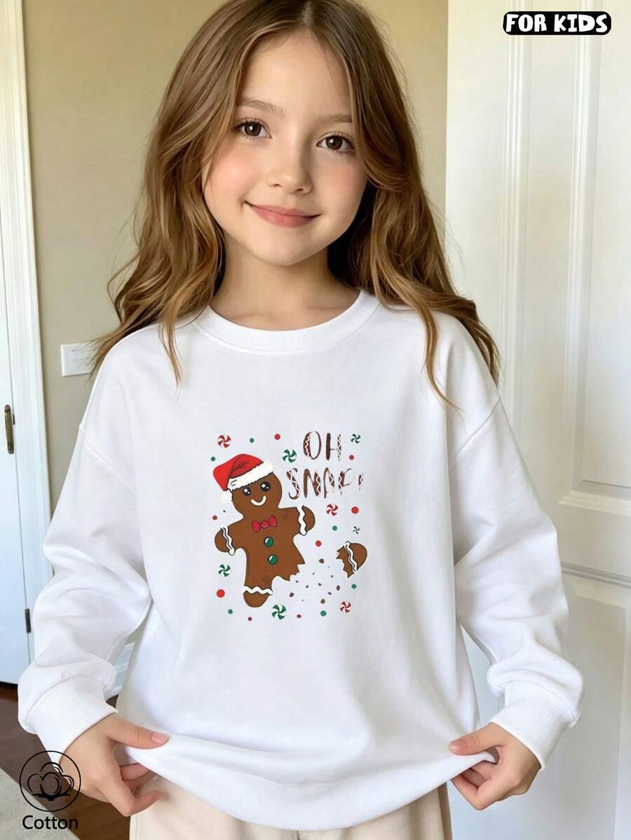 Children's Christmas Hoodie: Cute Gingerbread Man With "OH SNOW" Print, Soft And Breathable, Suitable For Daily Wear In Autumn And Winter - White - View 1