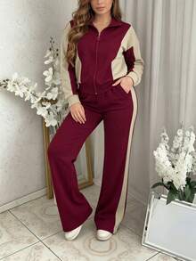 Autumn/Winter Plus Size Women's Clothing - Striped Patchwork Top Jacket Paired With Striped Patchwork Pocket Long Pants 2 Pieces Set - Wine Red + Apricot - View 1