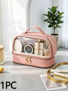 1pc Transparent Double Layer Makeup Bag, Gold Zipper Hardware, Dual Compartment Storage Design, Portable Handheld Cosmetic Bag, Suitable For Vacation, Weekend Trips And Daily Use Travel Toiletry Bag - Multicolor - View 14