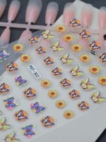 1pc Colorful Butterfly & Small Flower Nail Stickers, Yellow Sunflower Nail Decals, Self-Adhesive Glitter Nail Art, Asymmetrical Shape, Fresh Style, Suitable For Daily Commute And Autumn Outings - Multicolor - View 5