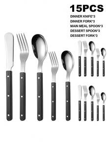 5pcs Stainless Steel Riveted Handle Knife Fork Spoon Dessert Spoon Fork Set Steak Knife Fork Heat-Resistant Handle Tableware Butter Knife - Silver - View 7