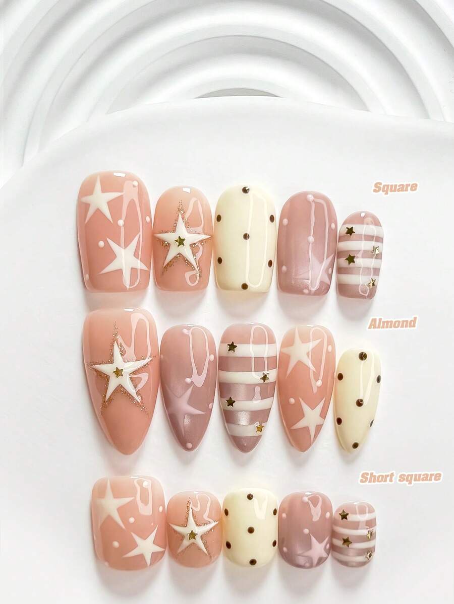 10pcs/Set Cute Handmade Press-On Nails, Polygel Nail Art Set, Star & Polka Dot Design, Yellow & Pink Sweet Style, Includes Nail Tools, 3 Sizes Available, Square/Short Square/Almond Shape, Suitable For Party, Dancing, Daily Wear (Handmade Details May Vary) - Multicolor - View 1