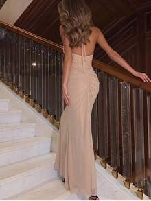 Elegant Sequin Halter Maxi Party Dress Women Sexy Backless Ruched Bodycon Evening Dresses Fall Winter Gown For Wedding Guest Night Out Christmas - Khaki - View 5