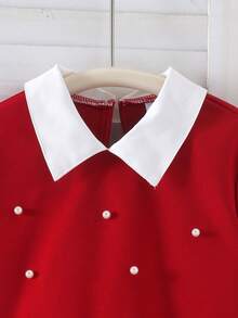 2pcs Girls Sweet Cute Style Lapel Beaded Long Sleeve Top & Bow Decor Split Hem Washed Denim Jeans Set, Spring/Autumn - Red - View 3