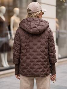 Women's Quilted Hooded Jacket Zip Front Ribbed Cuffs Hip Length Regular Fit - Brown - View 4