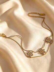 Wavy Snake Chain Choker,304 Stainless Steel Star Camellia Rhinestone Flower Necklace Women Stackable Jewelry - Yellow Gold - View 4