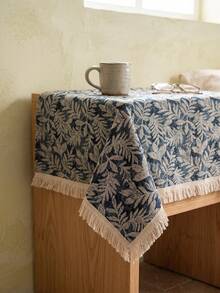 1pc Gray Blue Base White Branch & Leaf Pattern Tablecloth, Natural Rustic Style Linen Blend Material, Rectangular Beige Tassel Edge Detail, Stain-Resistant Desktop Protection Function, Suitable For Daily Home Use And Natural Dining Table Decor Scenes - Blue - View 10
