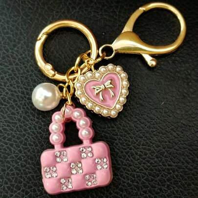 Faux Pearl Pink Handbag Shaped Keychain, Cute Bag Charm Pendant, Girly Gift, Best Friend Birthday Gift