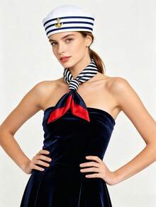 5pcs/2pcs/1pc Unisex Classic White Sailor Hat With Blue Stripes, Sailor Hat Set, Navy Style Hat, Ocean Theme Party Sailor Hat + Scarf Set, Vintage Navy Style Stage Performance Prop - Multicolor - View 10