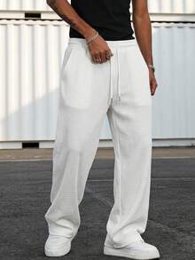 Men's Knit Textured Pleated Casual Pants, Elastic Waist With Drawstring, Straight Leg, Loose Fit, Draped Slimming Wide Leg Pants, Daily Commute Streetwear Versatile Casual Sports Long Pants - White - View 2