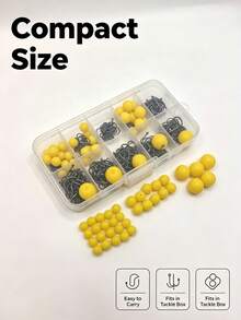 335pcs Multi-Size Fishing Hook Set With Assorted Yellow Floating Beads, Divided Storage Box, Sharp & Durable Soft Bait Beads With Good Buoyancy, Freshwater And Saltwater Fishing Tackle Accessory Combo Kit - Silver - View 9