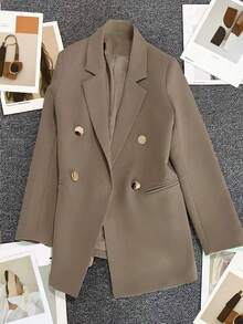Spring/Summer Women's Solid Color Long Sleeve Double-Breasted Blazer, Notch Collar | Suitable For Dating, Parties, Outings And Holiday Celebrations - Khaki - View 5
