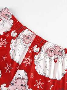 Celana Panjang Wanita Ukuran Besar Motif Natal Acak Pinggang Elastis Kaki Lebar Longgar dengan Kantong - Merah - View 5