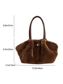 Soft Fuzzy Plush Tote Bag, Winter Retro Shoulder Bag, Large Capacity Handbag With PU Leather Handles Suitable For Office Shopping Daily Used Commuting - Coffee - View 8