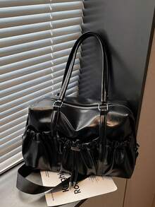 American Vintage Large Capacity Tote Bag With Ruched Drawstring Detail And Metal Hardware, Shoulder Or Crossbody Women's Bag, Fashionable Daily Work And Travel Outfit Accessory - Black - View 8