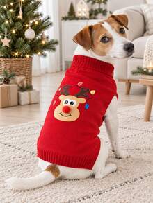1pc Cute Christmas Reindeer Pet Sweater, Soft, Warm And Comfortable, Suitable For Medium To Large Dogs, Thick Knitted Turtleneck Design, Elastic And Warm, Ideal Winter Outfit For Labrador, Rottweiler, Beagle Puppies And More - Holiday Red - Red - View 9