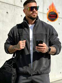 Men's Fleece Casual Solid Color Long Sleeve Jacket, Versatile For Autumn/Winter - Dark Grey - View 2