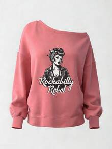 سويت شيرت نسائي بياقة غير متماثلة وطبعة "Rockabilly Rebel" باللون الوردي، كاجوال بأكمام طويلة وأكتاف منسدلة للخريف - وردي غامق - مشاهدة 11