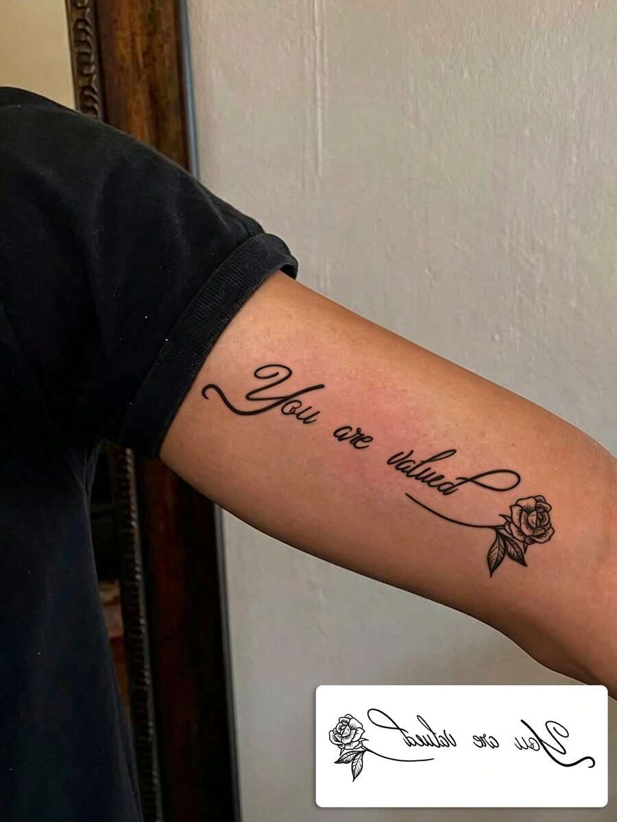 1 Sheet Cursive English Quote Temporary Tattoo Stickers, Elegant Script Words With Tiny Rose Fake Tattoos, Gentle Inspirational Body Art For Women, Waterproof Upper Arm Decor - Black - View 1