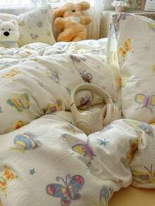 Comfortable Bedding Set, Colorful Cartoon Butterfly & Five-Pointed Star Print Duvet Cover, Includes 1*Duvet Cover + 1*Bed Sheet + 1/2*Pillowcases, 100% Polyester, Soft Touch, Soft Fabric, Suitable For All Seasons, Machine Washable - Yellow - View 7