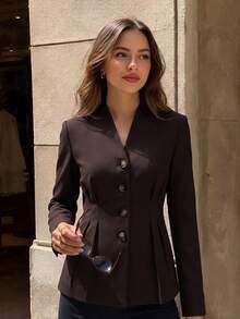 Dirp Noir Women's Elegant Minimalist Front Button Long Sleeve Blazer, Suitable For Commuting, Outings, Office, Autumn Wear - Brown - View 2