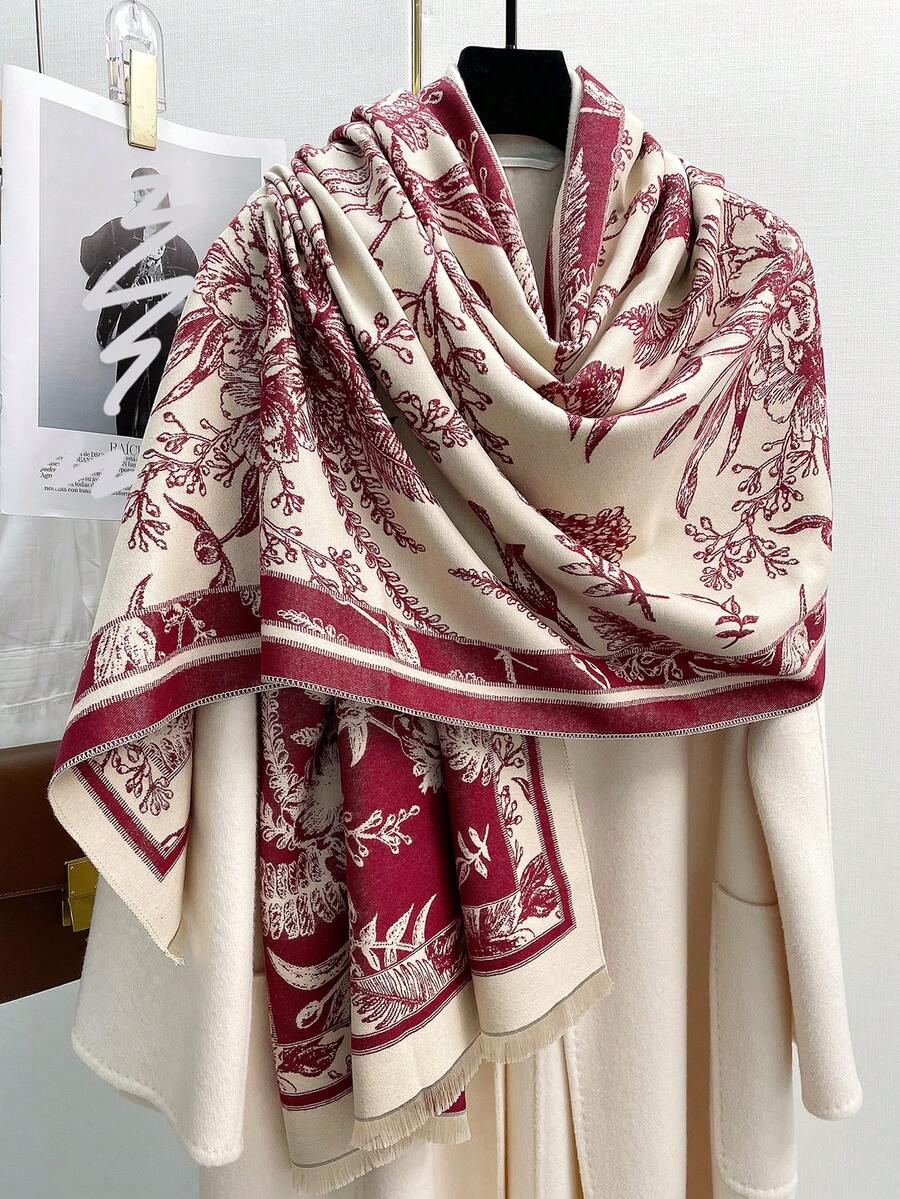 FADZOYLE 1pc Flowers Pattern Scarf Pashmina Shawl Wrap Women Unisex Winter Fall Warm Soft For Coat Matching Daily Use Elegant Dressy Evening Gift Accessories - Multicolor - View 1