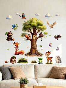 Forest Animals Big Tree Wall Sticker, Fox Rabbit Hedgehog Wall Decal For Children's Room Bedroom Wall - Multicolor - View 1