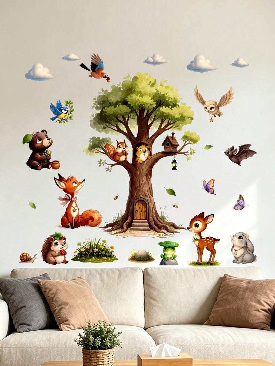 Forest Animals Big Tree Wall Sticker, Fox Rabbit Hedgehog Wall Decal For Children's Room Bedroom Wall - Multicolor - View 1