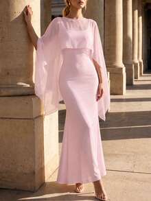 Perirose Women's Solid Color Round Neck Cape Sleeve Fitted Mermaid Hem Elegant Extra Long Dress - Pink - View 3