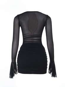Autumn Black Ruffle Mesh Patchwork Long Sleeve Bodycon Dress, Party, Date - Black - View 8