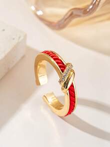 1PC Exquisite Festive Red String Cubic Zirconia Open Ring, Suitable For Women's Daily, Holiday, Party, Gift. - Gold - View 7