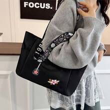 1pc Large Capacity Embroidered Canvas Tote Bag, Women's Commute Travel Handbag - Multicolor - View 12