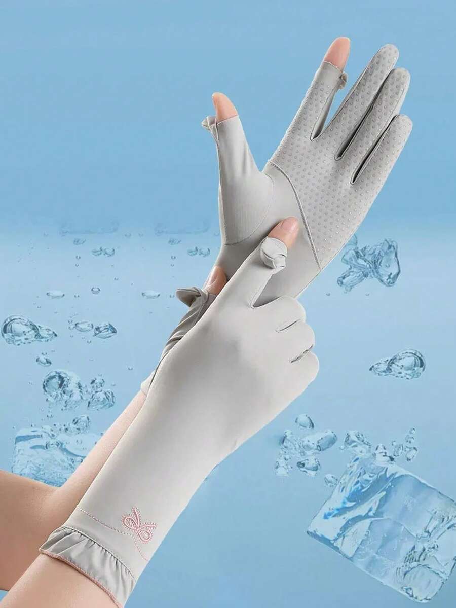 New UPF50+ Ice Silk Sun Protection Gloves For Women, Driving, Anti-UV, Outdoor Cycling, Non-Slip Touchscreen, Embroidered, Extended Length, Anti-Tanning Hand Protection Gloves - A - View 1
